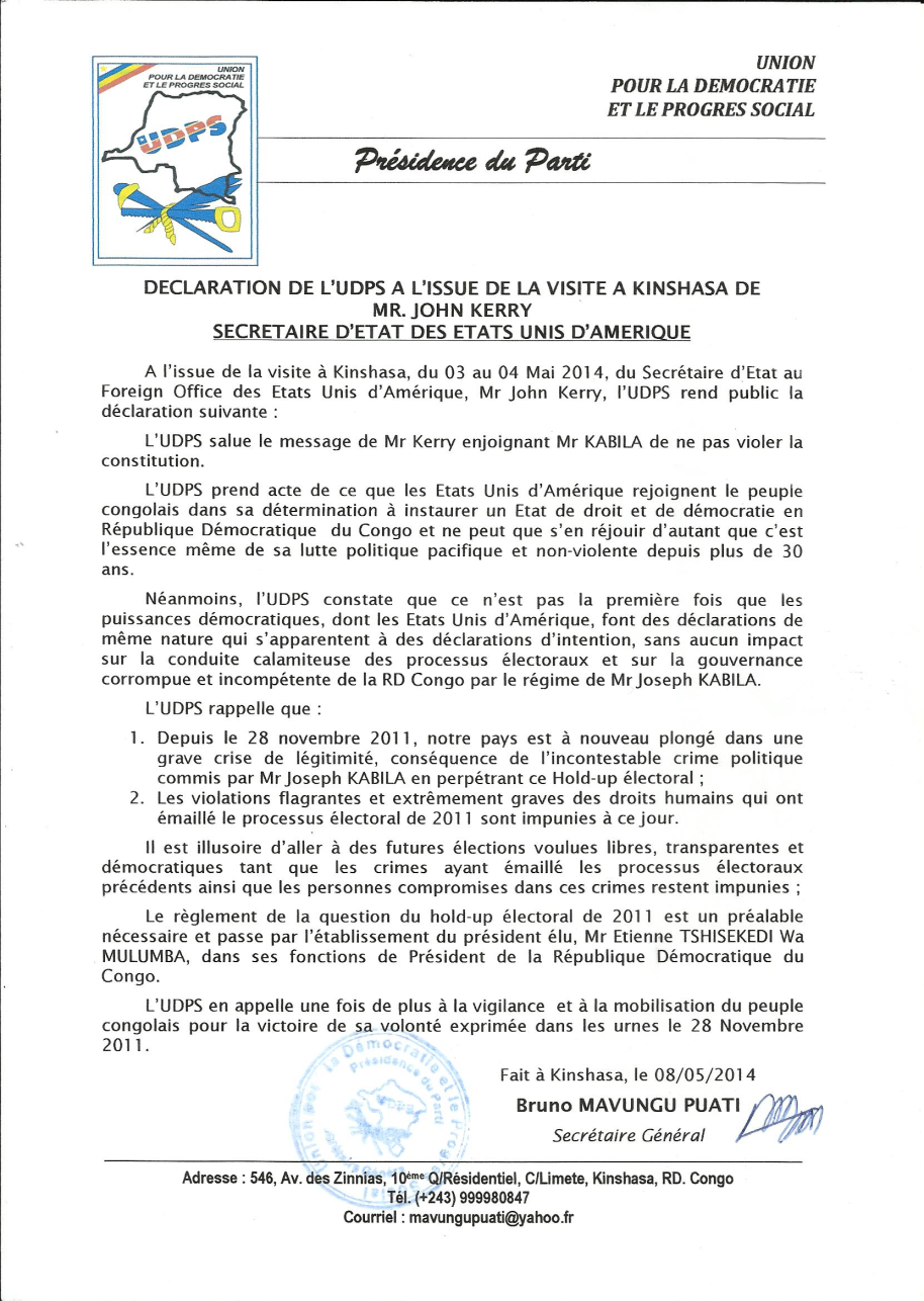 DECLARATION POLITIQUE DE L'UDPS 